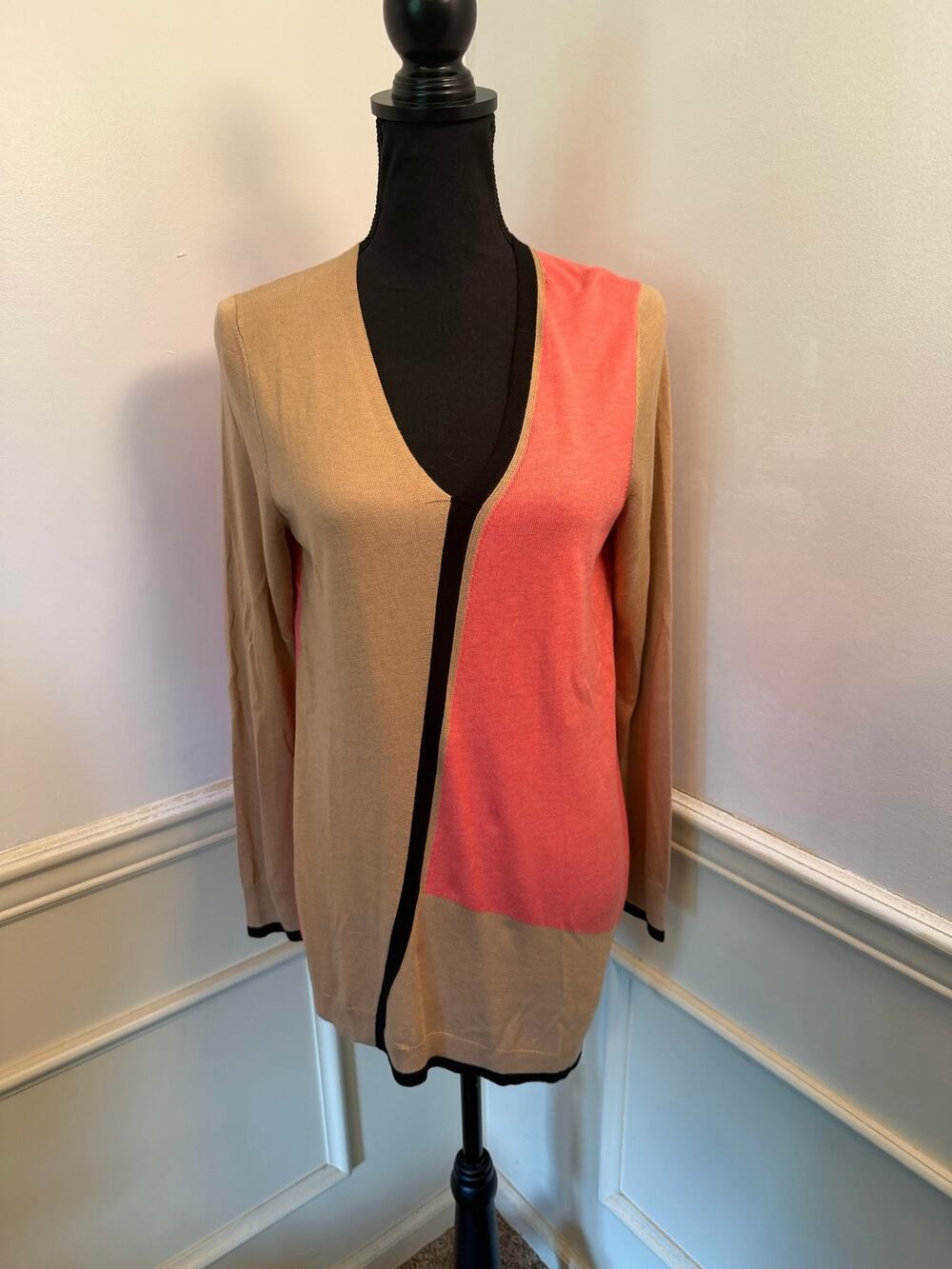 Etcetera Asymmetry Knit Sweater Silk Blend V-Neck Colorblock Coral Khaki Tunic